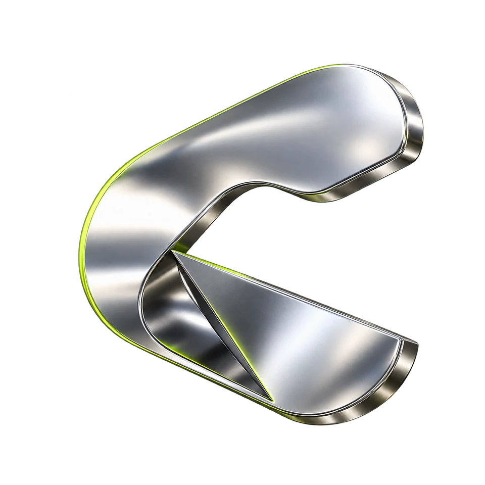 The Contender emblem: a folded C in polished chrome with a lime edge